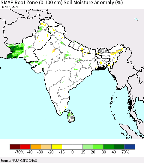 Southern Asia SMAP Root Zone (0-100 cm) Soil Moisture Anomaly (%) Thematic Map For 3/1/2024 - 3/5/2024