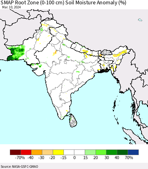 Southern Asia SMAP Root Zone (0-100 cm) Soil Moisture Anomaly (%) Thematic Map For 3/6/2024 - 3/10/2024