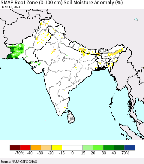 Southern Asia SMAP Root Zone (0-100 cm) Soil Moisture Anomaly (%) Thematic Map For 3/11/2024 - 3/15/2024