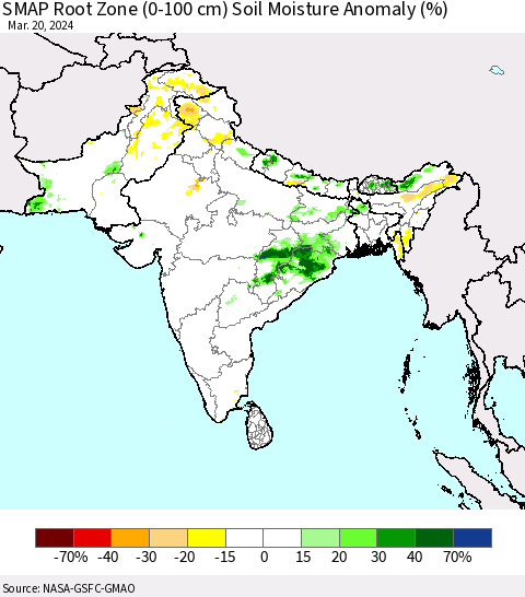 Southern Asia SMAP Root Zone (0-100 cm) Soil Moisture Anomaly (%) Thematic Map For 3/16/2024 - 3/20/2024