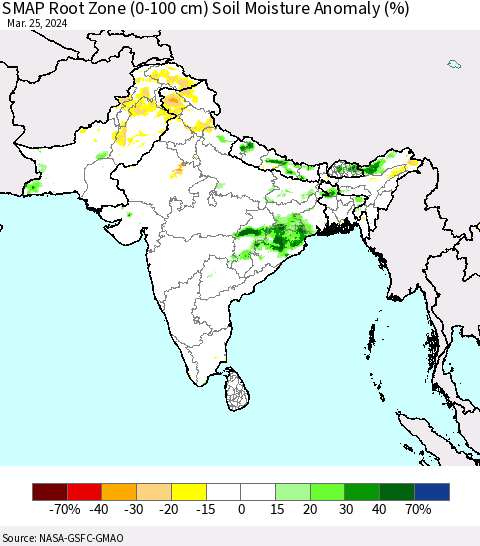 Southern Asia SMAP Root Zone (0-100 cm) Soil Moisture Anomaly (%) Thematic Map For 3/21/2024 - 3/25/2024