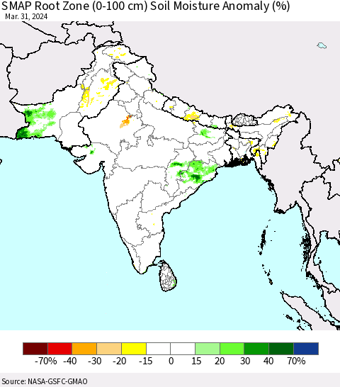 Southern Asia SMAP Root Zone (0-100 cm) Soil Moisture Anomaly (%) Thematic Map For 3/26/2024 - 3/31/2024