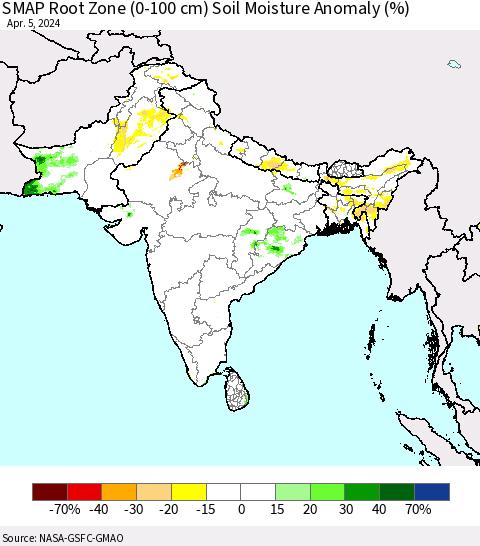 Southern Asia SMAP Root Zone (0-100 cm) Soil Moisture Anomaly (%) Thematic Map For 4/1/2024 - 4/5/2024