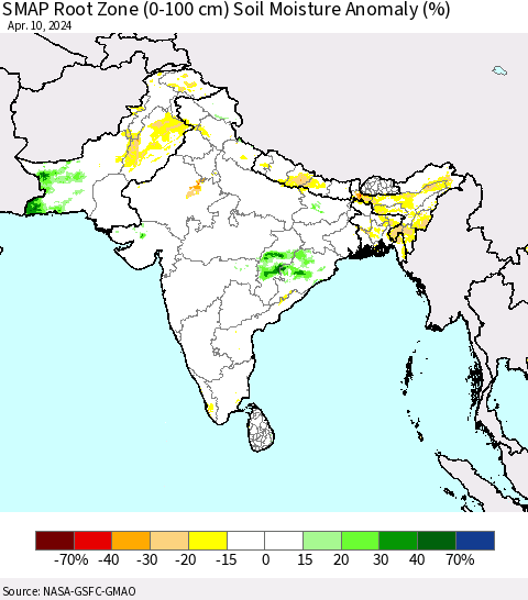 Southern Asia SMAP Root Zone (0-100 cm) Soil Moisture Anomaly (%) Thematic Map For 4/6/2024 - 4/10/2024