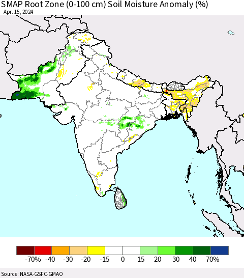 Southern Asia SMAP Root Zone (0-100 cm) Soil Moisture Anomaly (%) Thematic Map For 4/11/2024 - 4/15/2024