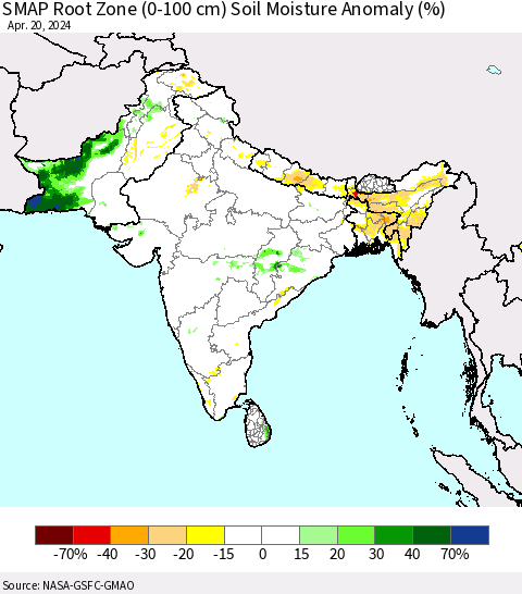 Southern Asia SMAP Root Zone (0-100 cm) Soil Moisture Anomaly (%) Thematic Map For 4/16/2024 - 4/20/2024