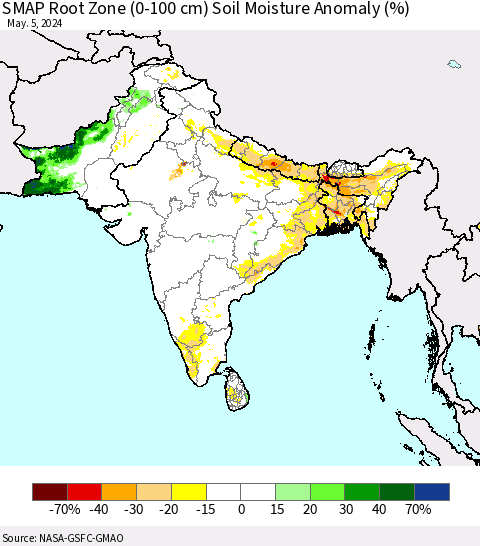 Southern Asia SMAP Root Zone (0-100 cm) Soil Moisture Anomaly (%) Thematic Map For 5/1/2024 - 5/5/2024
