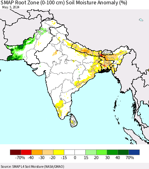 Southern Asia SMAP Root Zone (0-100 cm) Soil Moisture Anomaly (%) Thematic Map For 5/1/2024 - 5/5/2024