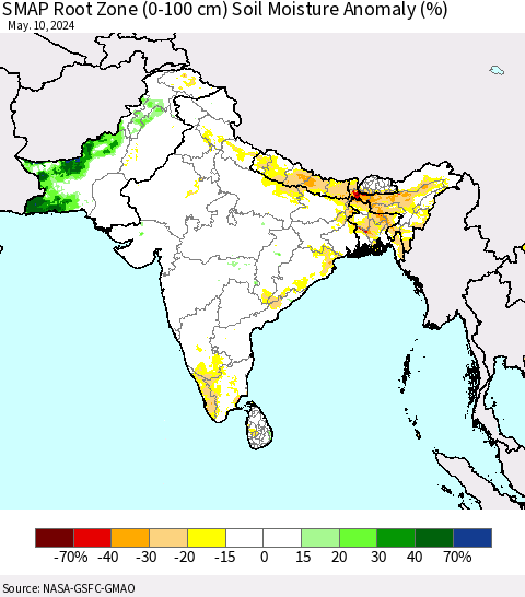 Southern Asia SMAP Root Zone (0-100 cm) Soil Moisture Anomaly (%) Thematic Map For 5/6/2024 - 5/10/2024