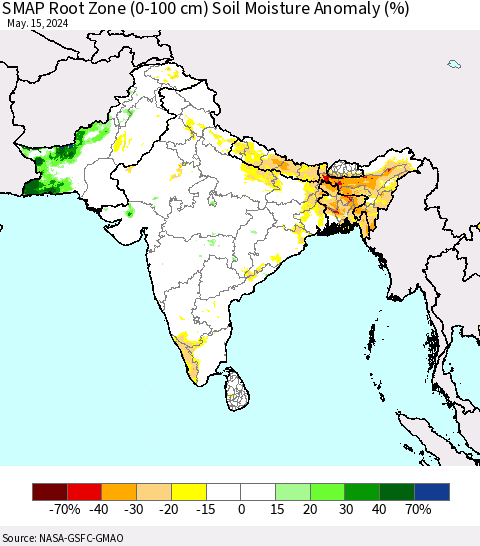 Southern Asia SMAP Root Zone (0-100 cm) Soil Moisture Anomaly (%) Thematic Map For 5/11/2024 - 5/15/2024