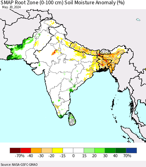 Southern Asia SMAP Root Zone (0-100 cm) Soil Moisture Anomaly (%) Thematic Map For 5/16/2024 - 5/20/2024