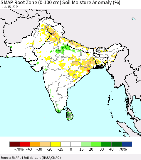 Southern Asia SMAP Root Zone (0-100 cm) Soil Moisture Anomaly (%) Thematic Map For 7/11/2024 - 7/15/2024