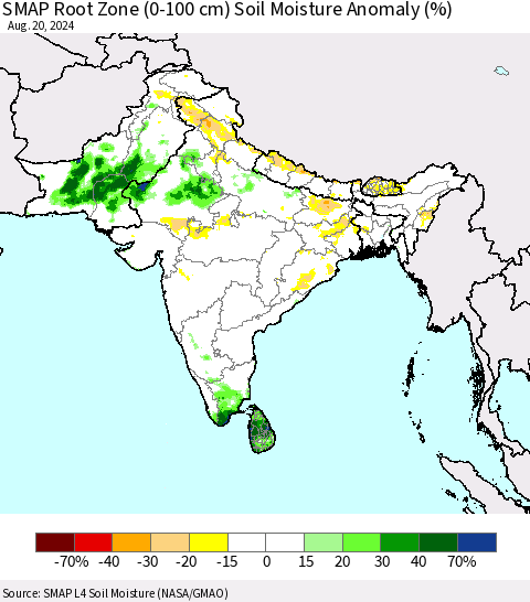 Southern Asia SMAP Root Zone (0-100 cm) Soil Moisture Anomaly (%) Thematic Map For 8/16/2024 - 8/20/2024