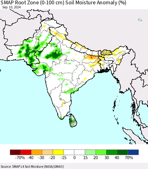 Southern Asia SMAP Root Zone (0-100 cm) Soil Moisture Anomaly (%) Thematic Map For 9/6/2024 - 9/10/2024