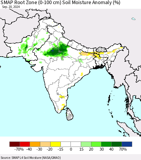 Southern Asia SMAP Root Zone (0-100 cm) Soil Moisture Anomaly (%) Thematic Map For 9/16/2024 - 9/20/2024