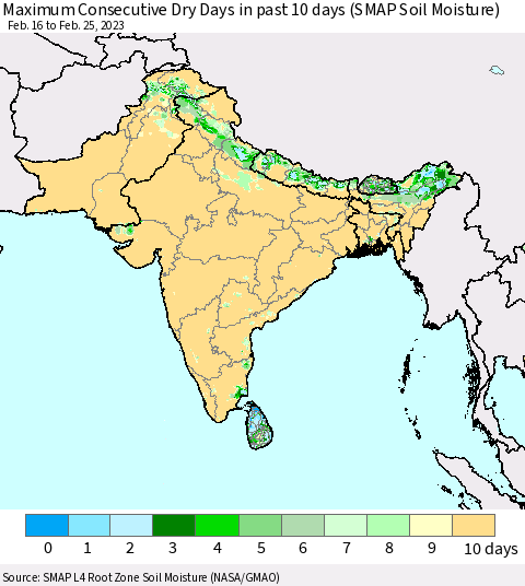 Southern Asia Maximum Consecutive Dry Days in past 10 days (SMAP Soil Moisture) Thematic Map For 2/21/2023 - 2/25/2023