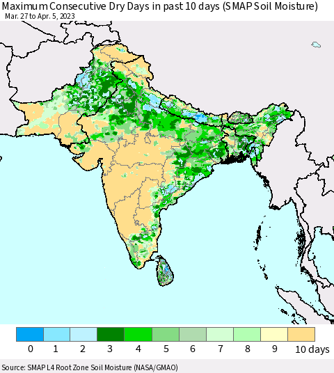 Southern Asia Maximum Consecutive Dry Days in past 10 days (SMAP Soil Moisture) Thematic Map For 4/1/2023 - 4/5/2023