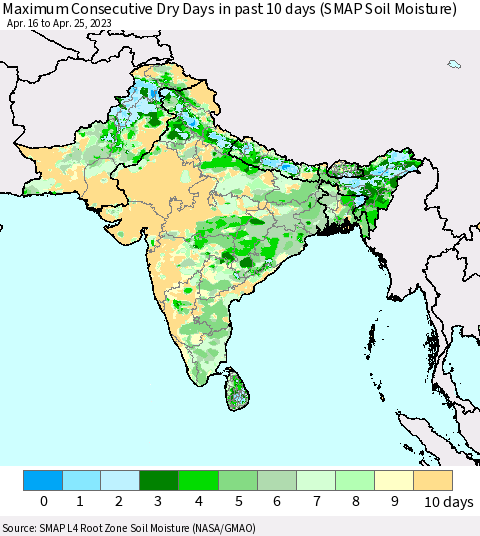 Southern Asia Maximum Consecutive Dry Days in past 10 days (SMAP Soil Moisture) Thematic Map For 4/21/2023 - 4/25/2023