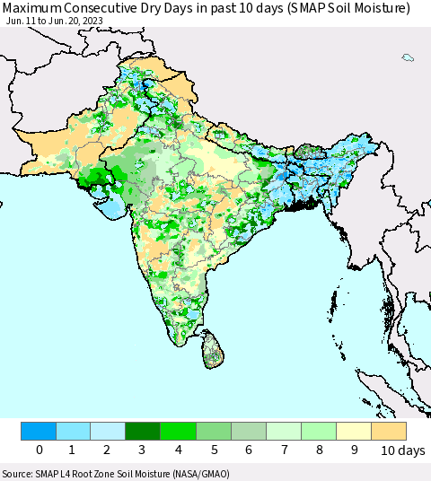 Southern Asia Maximum Consecutive Dry Days in past 10 days (SMAP Soil Moisture) Thematic Map For 6/16/2023 - 6/20/2023
