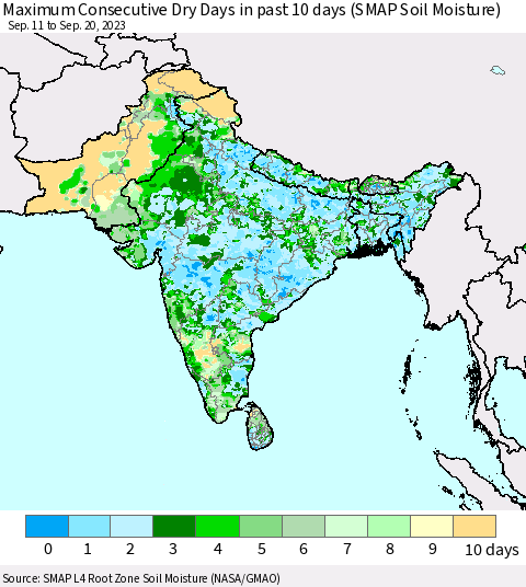 Southern Asia Maximum Consecutive Dry Days in past 10 days (SMAP Soil Moisture) Thematic Map For 9/16/2023 - 9/20/2023