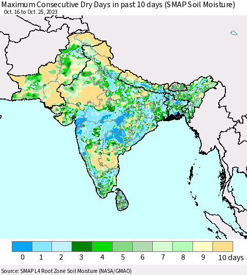 Southern Asia Maximum Consecutive Dry Days in past 10 days (SMAP Soil Moisture) Thematic Map For 10/21/2023 - 10/25/2023