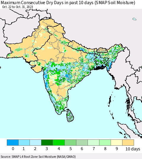 Southern Asia Maximum Consecutive Dry Days in past 10 days (SMAP Soil Moisture) Thematic Map For 10/26/2023 - 10/31/2023