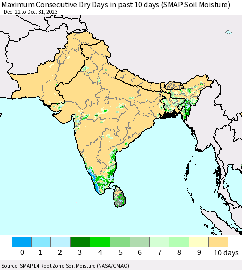 Southern Asia Maximum Consecutive Dry Days in past 10 days (SMAP Soil Moisture) Thematic Map For 12/26/2023 - 12/31/2023