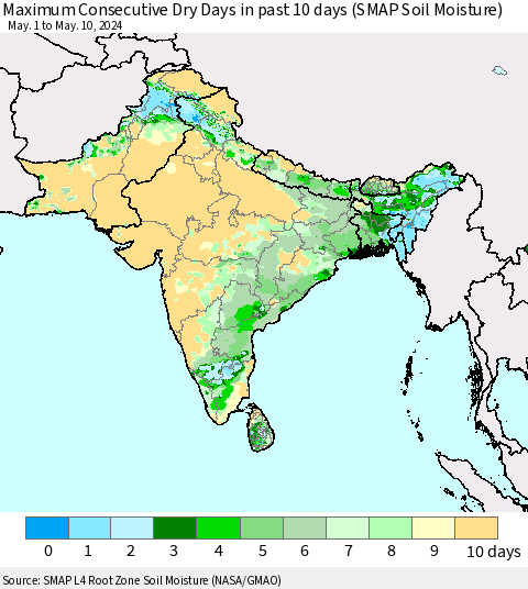 Southern Asia Maximum Consecutive Dry Days in past 10 days (SMAP Soil Moisture) Thematic Map For 5/6/2024 - 5/10/2024