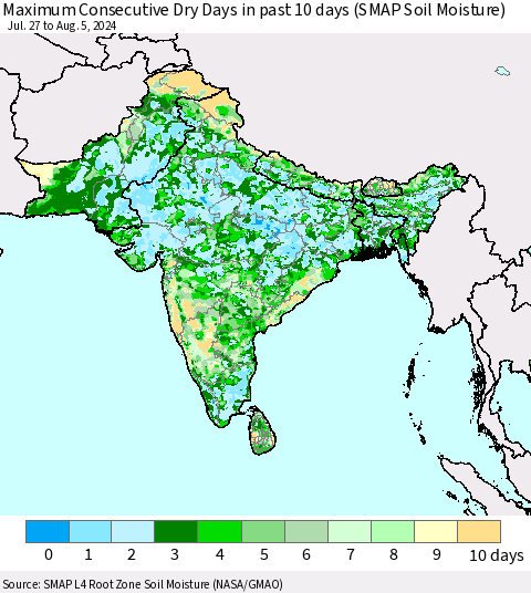 Southern Asia Maximum Consecutive Dry Days in past 10 days (SMAP Soil Moisture) Thematic Map For 8/1/2024 - 8/5/2024