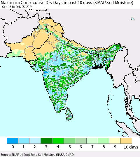 Southern Asia Maximum Consecutive Dry Days in past 10 days (SMAP Soil Moisture) Thematic Map For 10/21/2024 - 10/25/2024