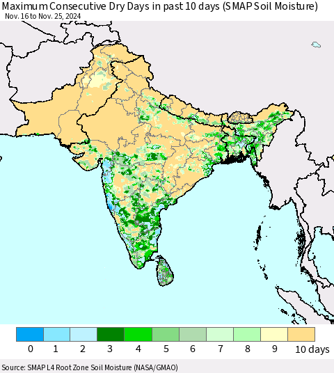 Southern Asia Maximum Consecutive Dry Days in past 10 days (SMAP Soil Moisture) Thematic Map For 11/21/2024 - 11/25/2024