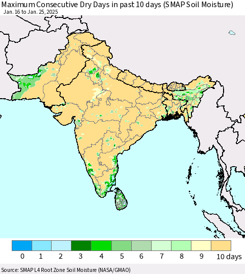 Southern Asia Maximum Consecutive Dry Days in past 10 days (SMAP Soil Moisture) Thematic Map For 1/21/2025 - 1/25/2025