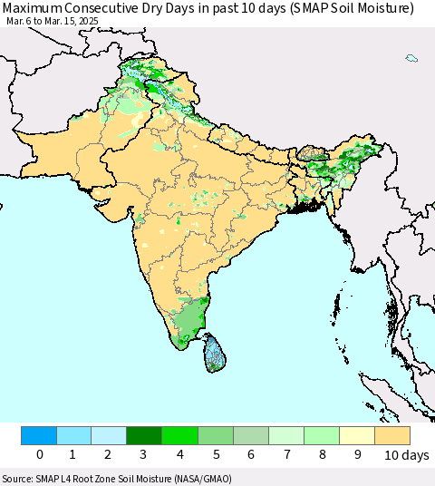 Southern Asia Maximum Consecutive Dry Days in past 10 days (SMAP Soil Moisture) Thematic Map For 3/11/2025 - 3/15/2025