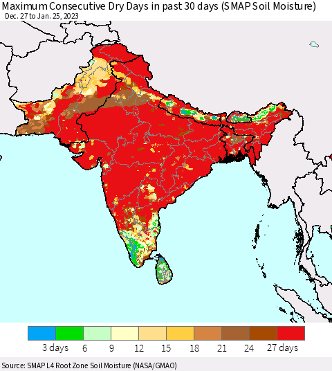 Southern Asia Maximum Consecutive Dry Days in past 30 days (SMAP Soil Moisture) Thematic Map For 1/21/2023 - 1/25/2023