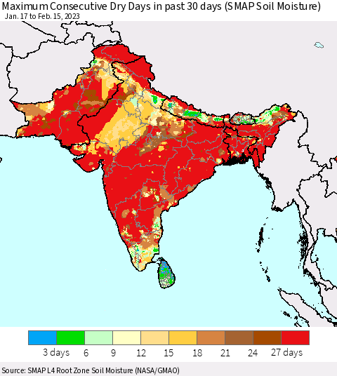 Southern Asia Maximum Consecutive Dry Days in past 30 days (SMAP Soil Moisture) Thematic Map For 2/11/2023 - 2/15/2023