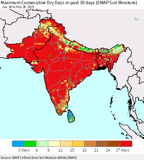 Southern Asia Maximum Consecutive Dry Days in past 30 days (SMAP Soil Moisture) Thematic Map For 2/26/2023 - 2/28/2023