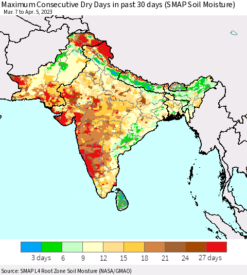 Southern Asia Maximum Consecutive Dry Days in past 30 days (SMAP Soil Moisture) Thematic Map For 4/1/2023 - 4/5/2023