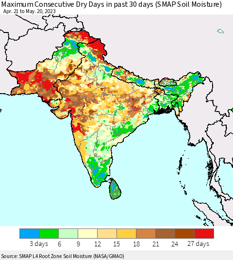 Southern Asia Maximum Consecutive Dry Days in past 30 days (SMAP Soil Moisture) Thematic Map For 5/16/2023 - 5/20/2023