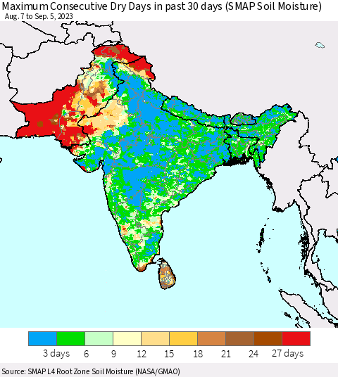 Southern Asia Maximum Consecutive Dry Days in past 30 days (SMAP Soil Moisture) Thematic Map For 9/1/2023 - 9/5/2023