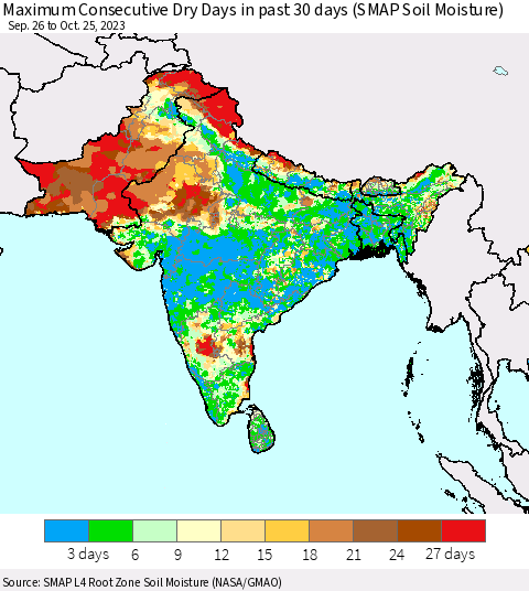 Southern Asia Maximum Consecutive Dry Days in past 30 days (SMAP Soil Moisture) Thematic Map For 10/21/2023 - 10/25/2023