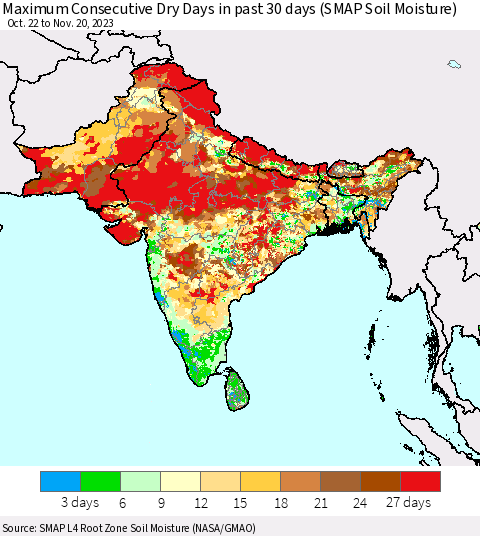 Southern Asia Maximum Consecutive Dry Days in past 30 days (SMAP Soil Moisture) Thematic Map For 11/16/2023 - 11/20/2023