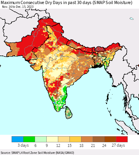 Southern Asia Maximum Consecutive Dry Days in past 30 days (SMAP Soil Moisture) Thematic Map For 12/11/2023 - 12/15/2023