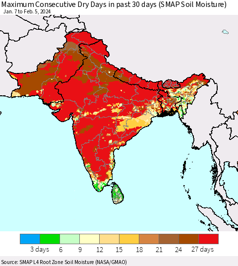 Southern Asia Maximum Consecutive Dry Days in past 30 days (SMAP Soil Moisture) Thematic Map For 2/1/2024 - 2/5/2024