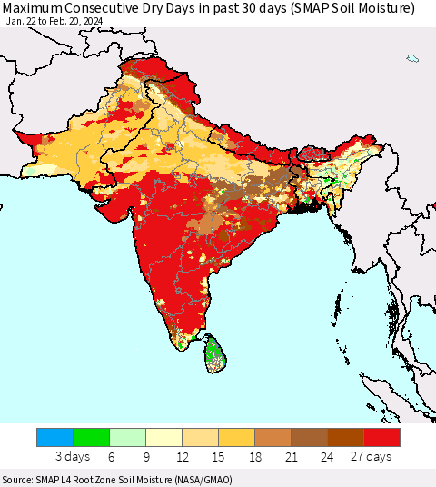 Southern Asia Maximum Consecutive Dry Days in past 30 days (SMAP Soil Moisture) Thematic Map For 2/16/2024 - 2/20/2024