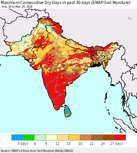 Southern Asia Maximum Consecutive Dry Days in past 30 days (SMAP Soil Moisture) Thematic Map For 3/16/2024 - 3/20/2024