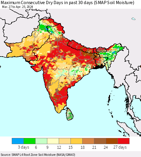 Southern Asia Maximum Consecutive Dry Days in past 30 days (SMAP Soil Moisture) Thematic Map For 4/21/2024 - 4/25/2024