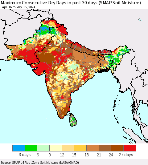 Southern Asia Maximum Consecutive Dry Days in past 30 days (SMAP Soil Moisture) Thematic Map For 5/11/2024 - 5/15/2024