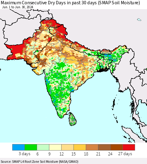 Southern Asia Maximum Consecutive Dry Days in past 30 days (SMAP Soil Moisture) Thematic Map For 6/26/2024 - 6/30/2024