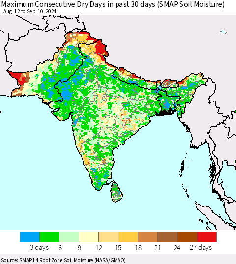 Southern Asia Maximum Consecutive Dry Days in past 30 days (SMAP Soil Moisture) Thematic Map For 9/6/2024 - 9/10/2024