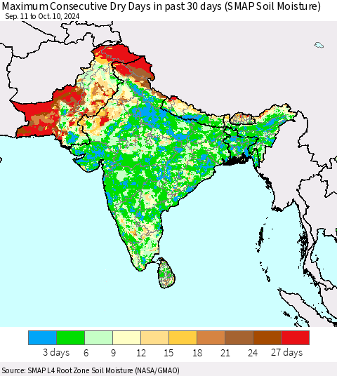 Southern Asia Maximum Consecutive Dry Days in past 30 days (SMAP Soil Moisture) Thematic Map For 10/6/2024 - 10/10/2024